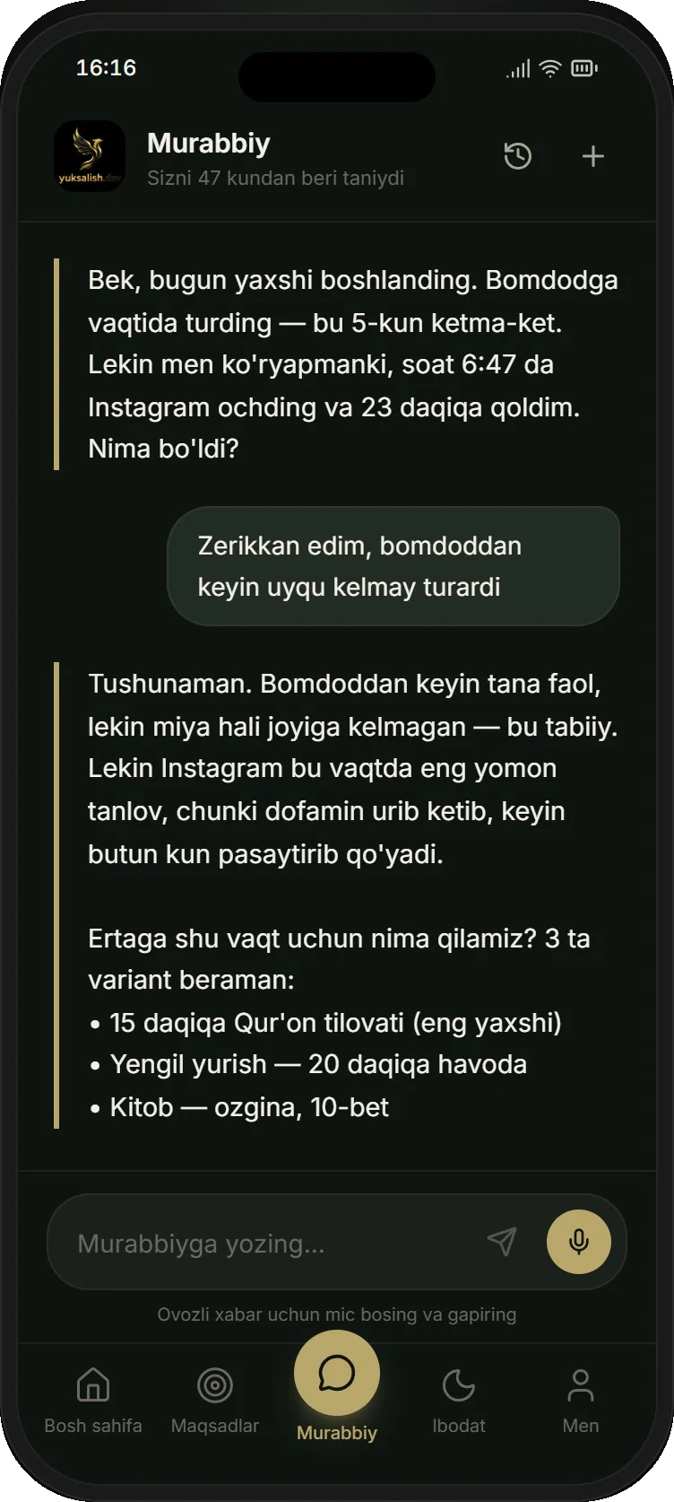 Niyat ilovasida AI murabbiy bilan suhbat ekrani