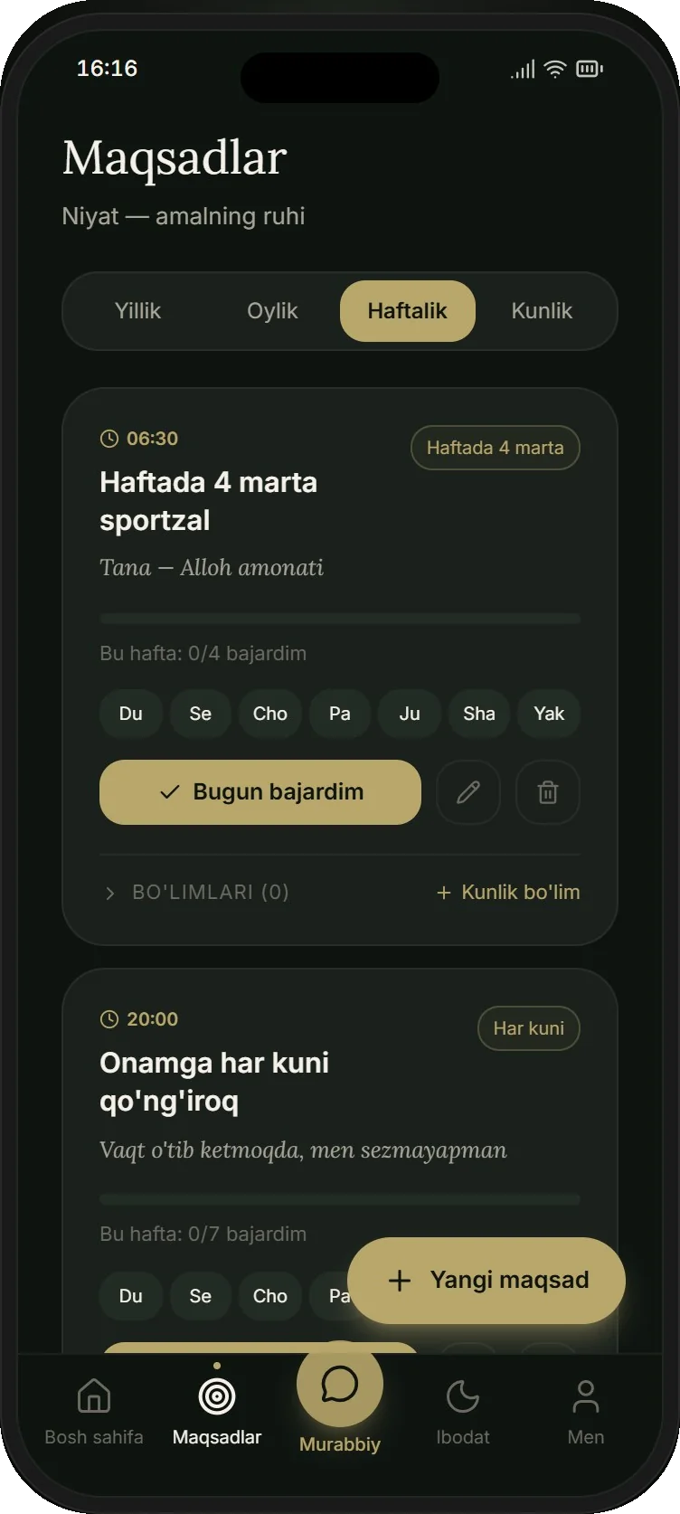 Niyat ilovasida Maqsadlar ekrani
