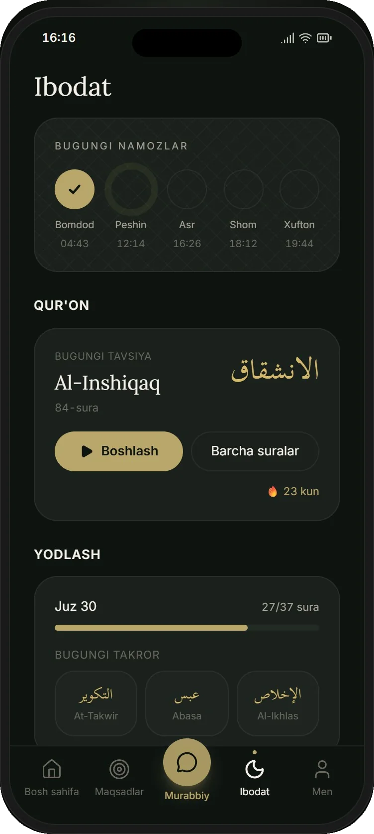 Niyat ilovasida Ibodat ekrani: namoz vaqtlari va Qur'on
